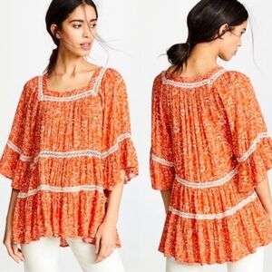 NEW Free People Talk About It Tunic Top Medium Orange Floral Crochet Trim